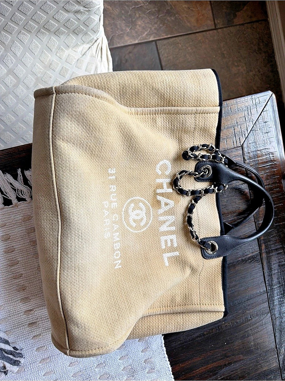 Chanel Deauville Tote Canvas Medium in Beige & Black